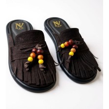 Ne&Ve Shoes Kahve Süet Hakiki Deri Boncuklu Kadın Saba Terlik