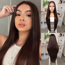 Elma Shop Kahverengi Ekstra Uzun Fiber Sentetik Düz Tül Peruk