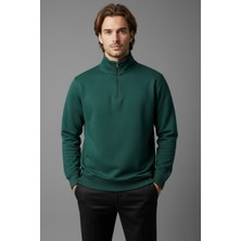 Unisex Kışlık Koyu Yeşil Yarım Fermuarlı Dik Yaka 2 Iplik Basic Sweatshirt