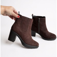 Ne&Ve Shoes Kahve Süet Hakiki Deri Lastik Detaylı Kadın Içten Fermuarlı Bot