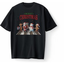 Bumeta Christmas Crossing Santa Geyik ve Kardan Adam Baskılı Oversize Unisex Tişört T-Shirt