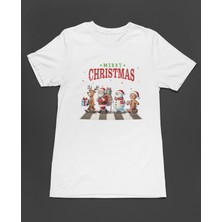 Bumeta Christmas Crossing Santa Geyik ve Kardan Adam Baskılı Unisex Tişört T-Shirt