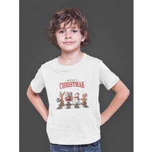 Bumeta Christmas Crossing Santa Geyik ve Kardan Adam Baskılı Çocuk Tişört T-Shirt