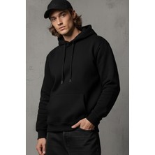 Unisex Kışlık Siyah Üç Iplik Şardonlu Pamuklu Kalın Basic Kapüşonlu Hoodie Sweatshirt