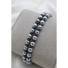 Nenya Çelik Kilitli Ikili Görünümlü Mavi ve Gümüş Renk Hematit Doğaltaşlı Erkek Bileklik