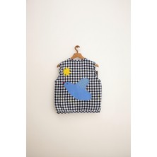 Magu Unisex Çocuk Pamuklu Lacivert Ekose Kuş Aplikeli Yelek – Yumuşak Dolgulu