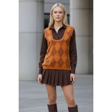 Lupinn Kadın Turuncu-Kahverengi Baklava Desenli Kolsuz Şık Yumuşak Triko Bluz  -Kadın Süveter Kombin Bluz