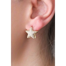 Nenya Vıp Çelik 14K Altın Kaplama Zirkon Taş Işlemeli Yıldız Küpe