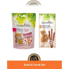 Garden Mix Kuzu Etli Sushi 60 gr & Garden Mix Tavuklu Ödül Çubuk Kedi Stick Ödül Maması 3x5 gr - Kedi Ödül Maması Seti