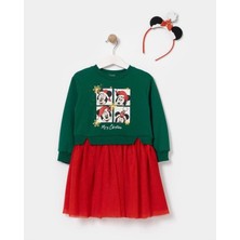 Magu Kız Çocuk Pamuklu Yeşil Kırmızı Yeni Yıl Temalı Baskılı Tül Etekli Sweat Elbise
