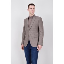 Paco Romano Erkek Slim Fit Mono Yaka Ekose Açık Kahverengi Ceket