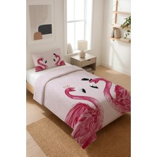 Dolce Mariee Flamingo Desenli Kadife Kumaş Kapitoneli Tek Kişilik Yatak Örtüsü Seti (2 Parça) TKY0040