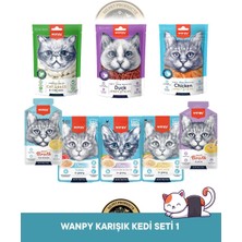 Wanpy Gerçek Tavuk - Ördek Fileto Jerky Strips Yumuşak 80 gr & Kedi Çimi ve Tavuklu 20 gr & Tavuk Çorba - Ördek Çorba 50 gr & Pouch Tavuk - Tavuk Ördek - Ton Balık Yaş Kedi Maması 70 gr -