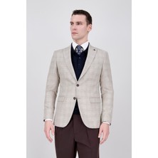 Paco Romano Erkek Slim Fit Mono Yaka Ekose Koyu Bej Ceket