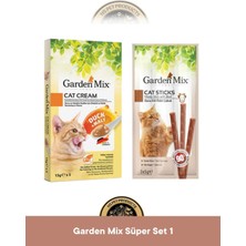 Garden Mix Ördek + Malt Kedi Krema Ödül Maması 5x15 gr & Garden Mix Dana Etli Ödül Çubuk Kedi Stick Ödül Maması 3x5 gr - Kedi Ödül Maması Seti