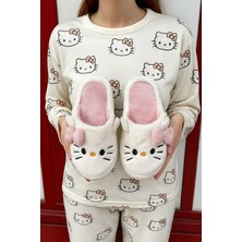 Redtan Kadın Pudra Hello Figürlü Peluş Panduf Ev Terliği