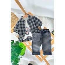 Miniğimin Cicileri Traktör Baskılı Oduncu Gömlekli Spor 3 Lü Takım - Füme