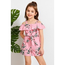 Miço Kids Pembe Volan Detaylı Kız Çocuk Yazlık Tulum