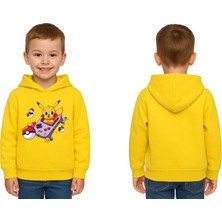 Sedirli Unisex Pikaçu Baskılı Çocuk Swaetshirt Kapşonlu 3 Iplik Şardonlu