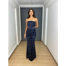 Gökkuşağı Moda Lacivert Straplez Bel Transparan Yırtmaçlı Payet Boncuk Detaylı Uzun Abiye Elbise