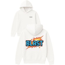 Vsrn Blast Tasarım Baskılı Oversize Beyaz Kapüşonlu Sweatshirt