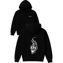 Vsrn Dumanlı Kurukafa Tasarım Baskılı Oversize Siyah Kapüşonlu Sweatshirt