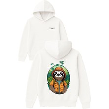 Vsrn Kaşif Tembel Hayvan Tasarım Baskılı Oversize Beyaz Kapüşonlu Sweatshirt