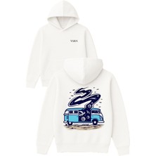 Vsrn Karavan Uzay Tasarım Baskılı Oversize Beyaz Kapüşonlu Sweatshirt