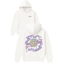 Vsrn Galaksi Tasarım Baskılı Oversize Beyaz Kapüşonlu Sweatshirt