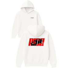 Vsrn Ride 1 Tasarım Baskılı Oversize Beyaz Kapüşonlu Sweatshirt