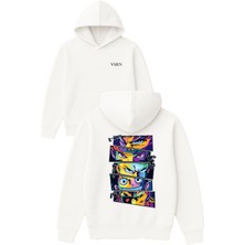 Vsrn Anime Gözleri Tasarım Baskılı Oversize Beyaz Kapüşonlu Sweatshirt