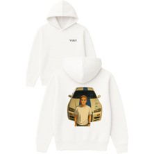 Vsrn Genç Yarışçı Tasarım Baskılı Oversize Beyaz Kapüşonlu Sweatshirt