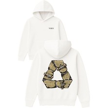 Vsrn Kaykay Geri Dönüşüm Tasarım Baskılı Oversize Beyaz Kapüşonlu Sweatshirt