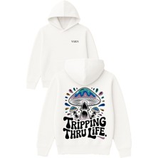 Vsrn Tripping Thru Tasarım Baskılı Oversize Beyaz Kapüşonlu Sweatshirt