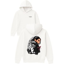 Vsrn Asil Kadın Tasarım Baskılı Oversize Beyaz Kapüşonlu Sweatshirt