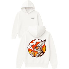 Vsrn Evrimsel Tavşan Tasarım Baskılı Oversize Beyaz Kapüşonlu Sweatshirt