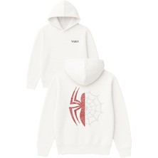 Vsrn Ağlı Örümcek Tasarım Baskılı Oversize Beyaz Kapüşonlu Sweatshirt