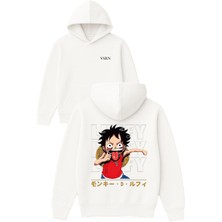 Vsrn Lufy Tasarım Baskılı Oversize Beyaz Kapüşonlu Sweatshirt