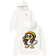 Vsrn Bob Ördek Tasarım Baskılı Oversize Beyaz Kapüşonlu Sweatshirt