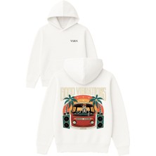 Vsrn Good Vıbratıons Tasarım Baskılı Oversize Beyaz Kapüşonlu Sweatshirt