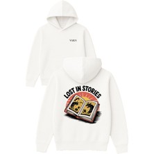 Vsrn Lost In Storıes Tasarım Baskılı Oversize Beyaz Kapüşonlu Sweatshirt
