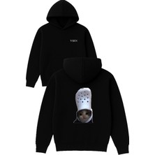 Vsrn Terlikli Üzgün Kedi Tasarım Baskılı Oversize Siyah Kapüşonlu Sweatshirt