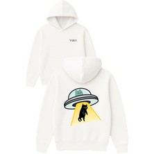 Vsrn Uzaylı Kedi Tasarım Baskılı Oversize Beyaz Kapüşonlu Sweatshirt