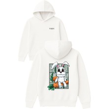 Vsrn Bunny Carrot Tasarım Baskılı Oversize Beyaz Kapüşonlu Sweatshirt