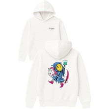 Vsrn Atlı Cadı Tasarım Baskılı Oversize Beyaz Kapüşonlu Sweatshirt