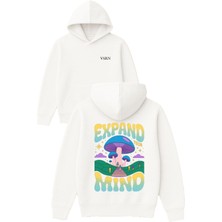 Vsrn Expand Mınd Tasarım Baskılı Oversize Beyaz Kapüşonlu Sweatshirt