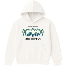 Vsrn Socıal Problem Tasarım Baskılı Oversize Beyaz Kapüşonlu Sweatshirt