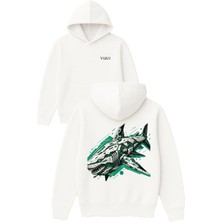 Vsrn Metal Shark Tasarım Baskılı Oversize Beyaz Kapüşonlu Sweatshirt