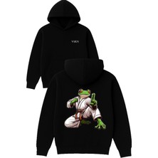 Vsrn Yeşil Kareteci Kurbağa Tasarım Baskılı Oversize Siyah Kapüşonlu Sweatshirt