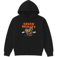 Vsrn Crack Realıty Tasarım Baskılı Oversize Siyah Kapüşonlu Sweatshirt